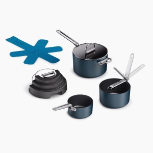 Space Stack Folding Handle Non-Stick 7-Piece Blue Saucepan Set With Lid Storage