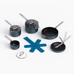Space Folding Handle Ceramic Non-Stick 8-Piece Blue Cookware Set