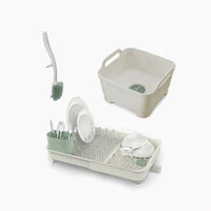 3-piece Stone Green Drainer. Washing-up Bowl & Brush Set
