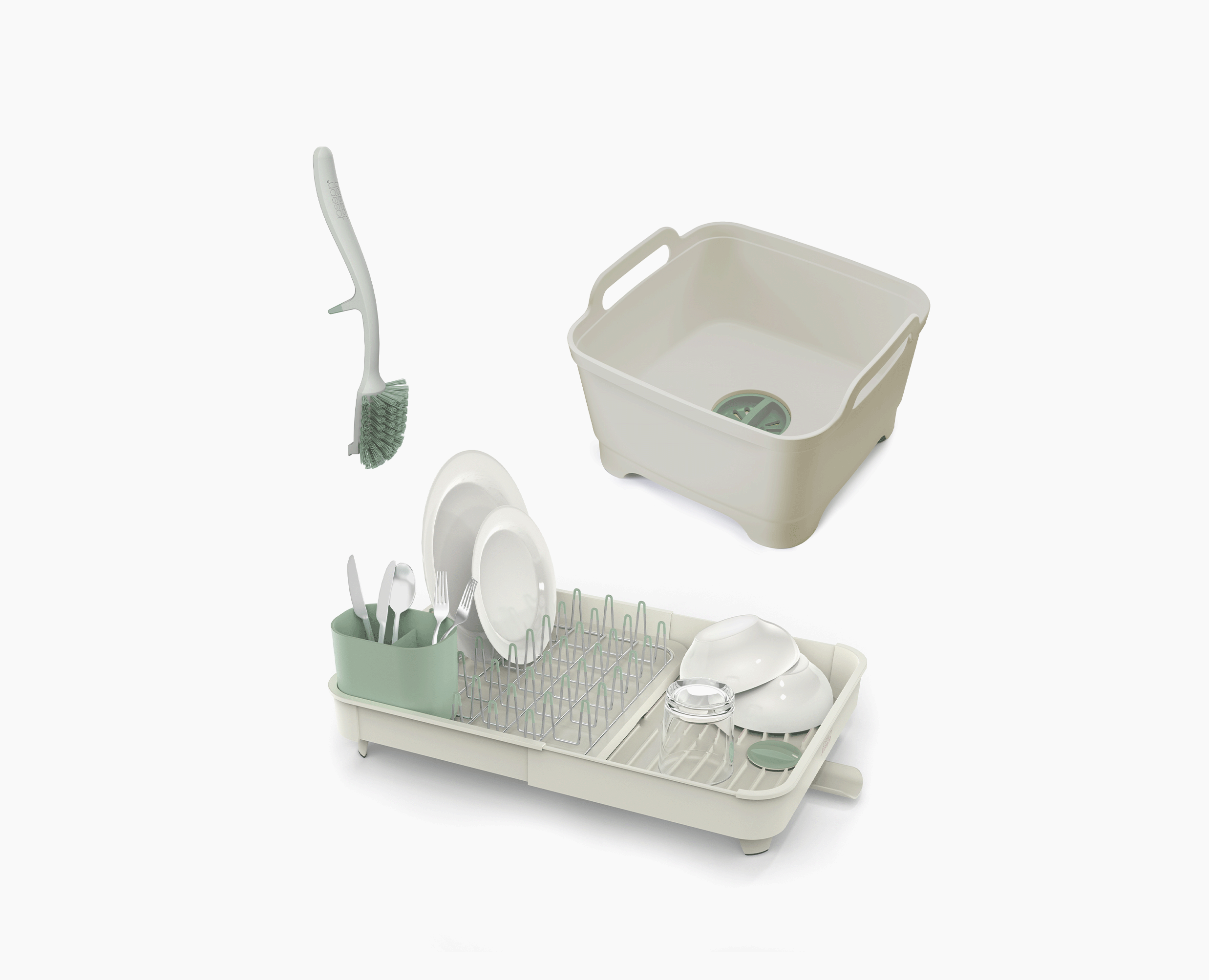 3-piece Stone Green Drainer. Washing-up Bowl & Brush Set