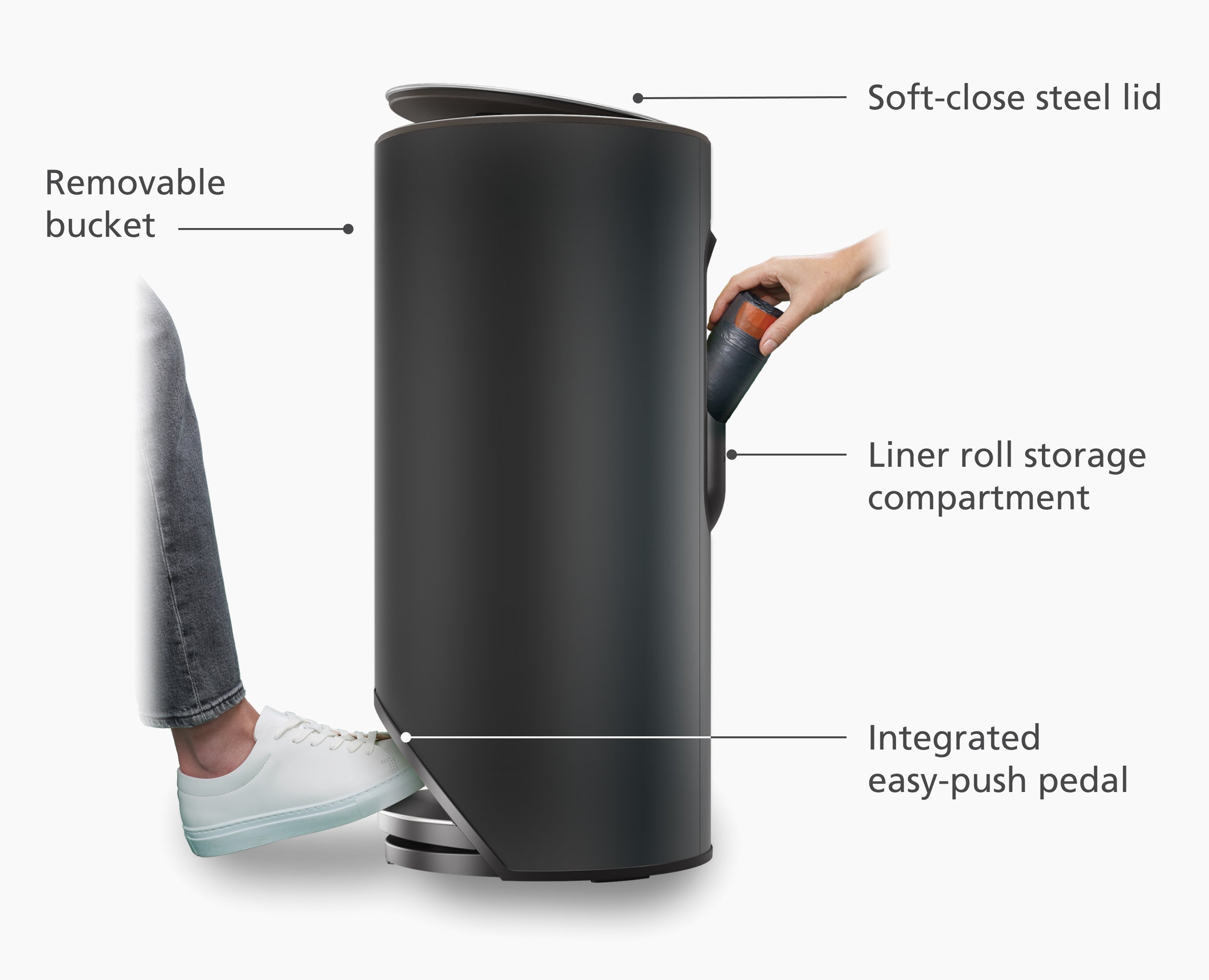 Arc 30L Easy-push Matt Black Pedal Trash Can - Image 4