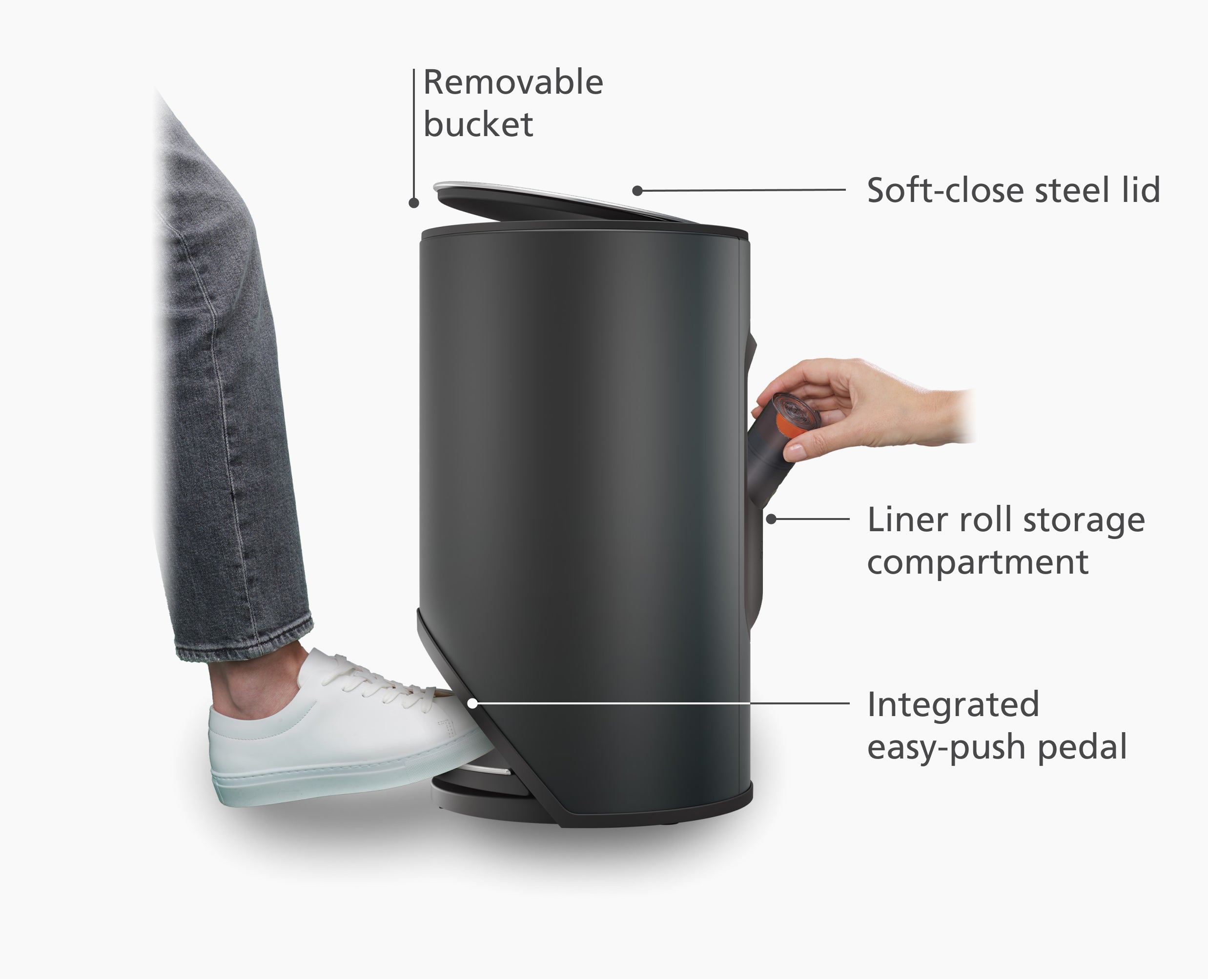 Arc 10L Easy-push Matt Black Pedal Trash Can - Image 4