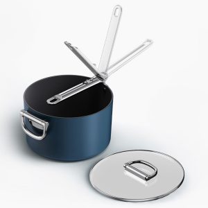 Space Folding Handle Ceramic Non-stick 5.4 Qt. Blue Saucepan & Lid