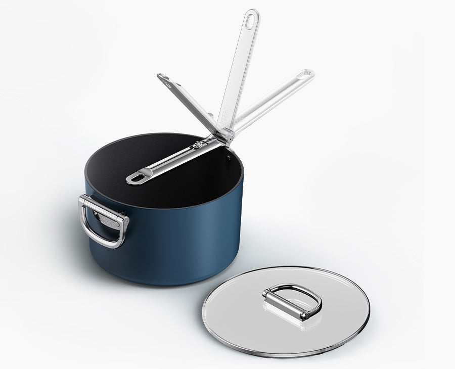 Space Folding Handle Ceramic Non-stick 5.4 Qt. Blue Saucepan & Lid