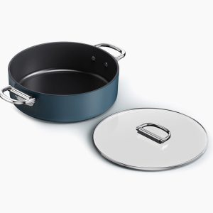 Space Folding Handle Ceramic Non-stick 5 Qt. Blue Shallow Casserole Pan & Lid