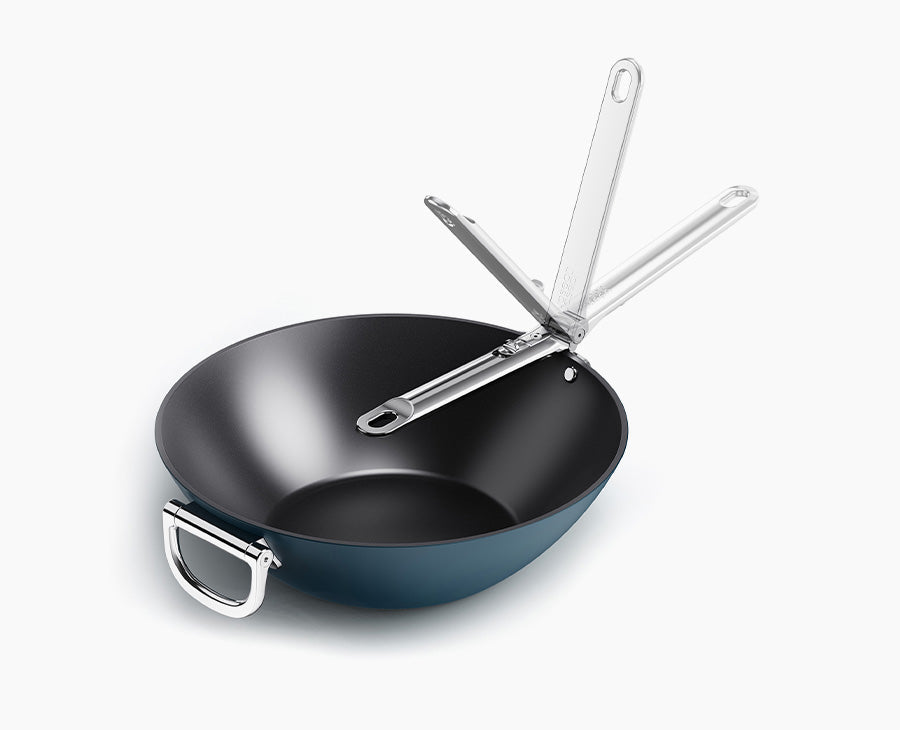 Space Folding Handle Ceramic Non-stick 12.5 Blue Wok
