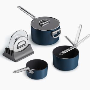 Space Folding Handle Ceramic Non-stick 6-piece Blue Saucepan Set