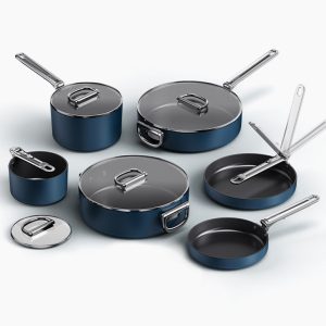 Space Folding Handle Ceramic Non-stick 10-piece Blue Cookware Set