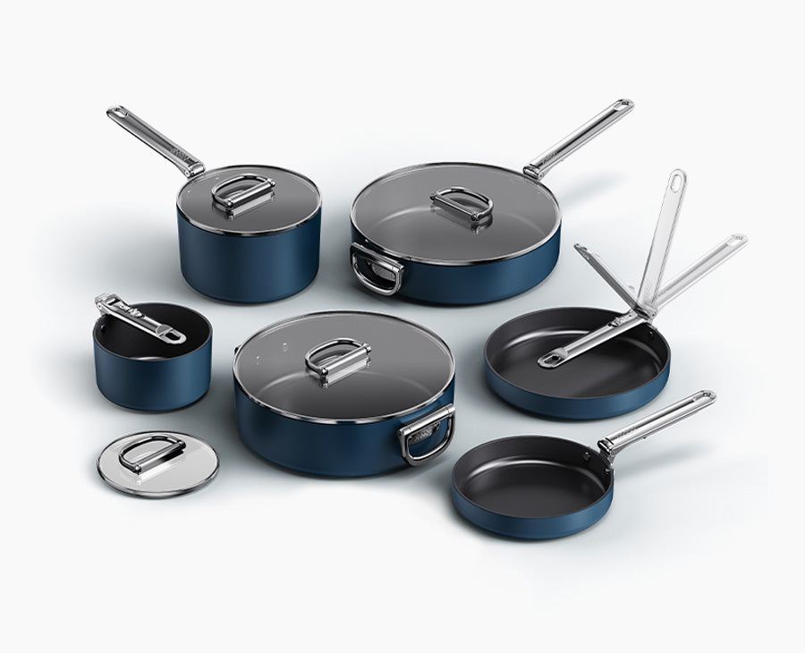 Space Folding Handle Ceramic Non-stick 10-piece Blue Cookware Set