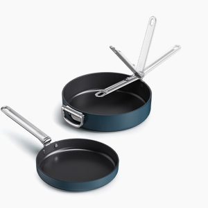 Space Folding Handle Ceramic Non-stick 2-piece Blue Pan Set
