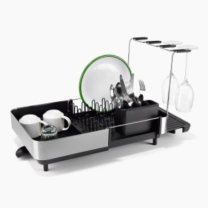 Extend  Steel Plus Expandable Black Dish Drainer with Wine Glass Rack