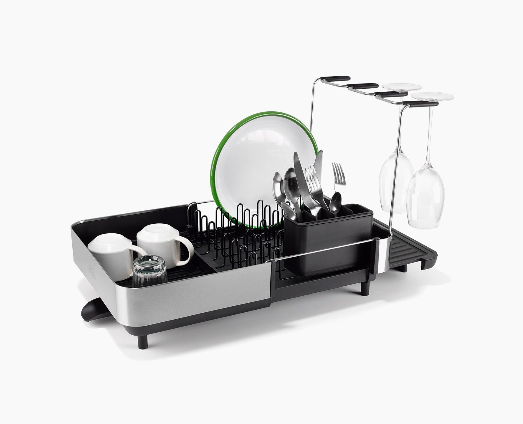 Extend Steel Plus Expandable Black Dish Drainer with Wine Glass Rack