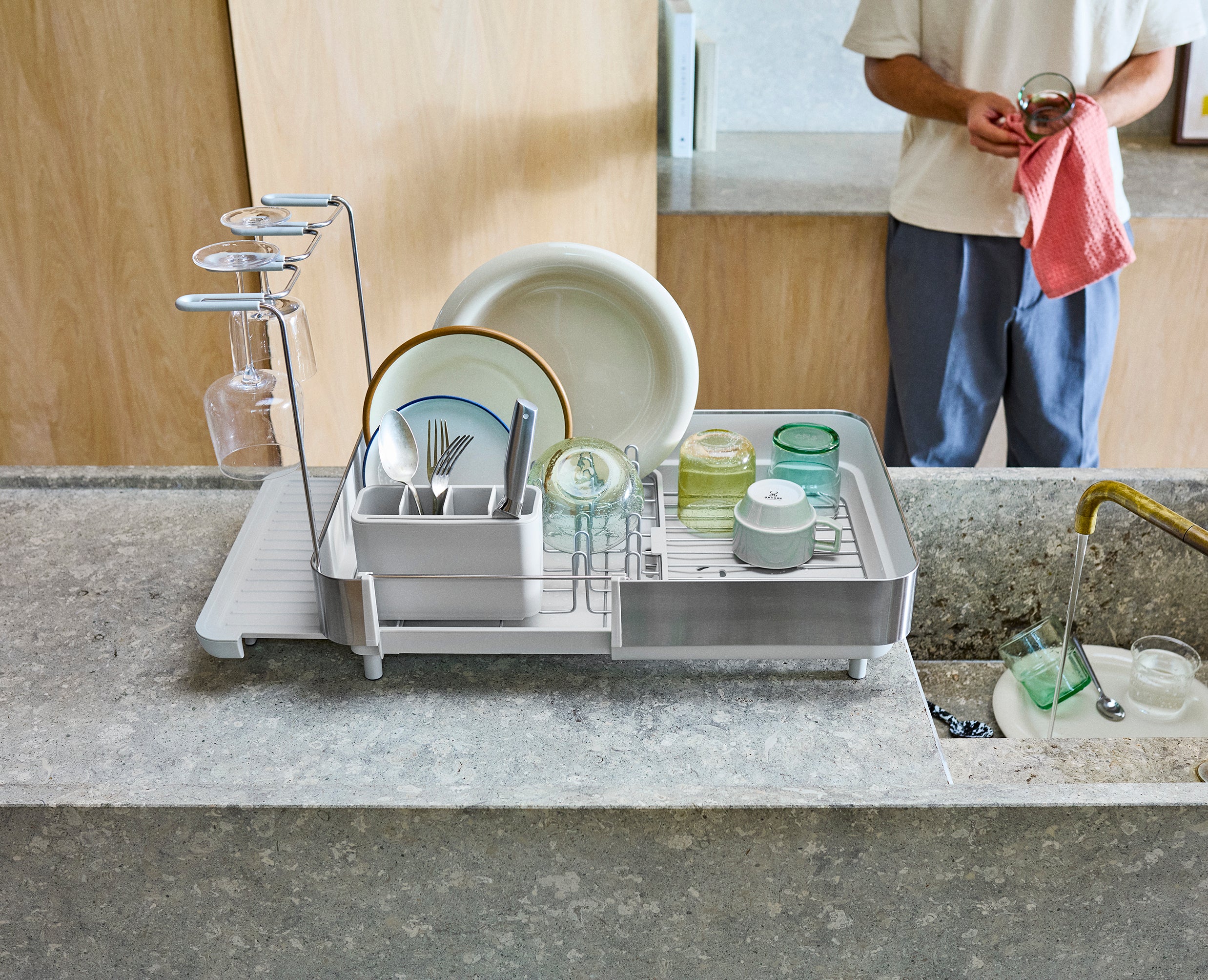 Extend Steel Plus Expandable Stone Dish Drainer with Wine Glass Rack - Image 3