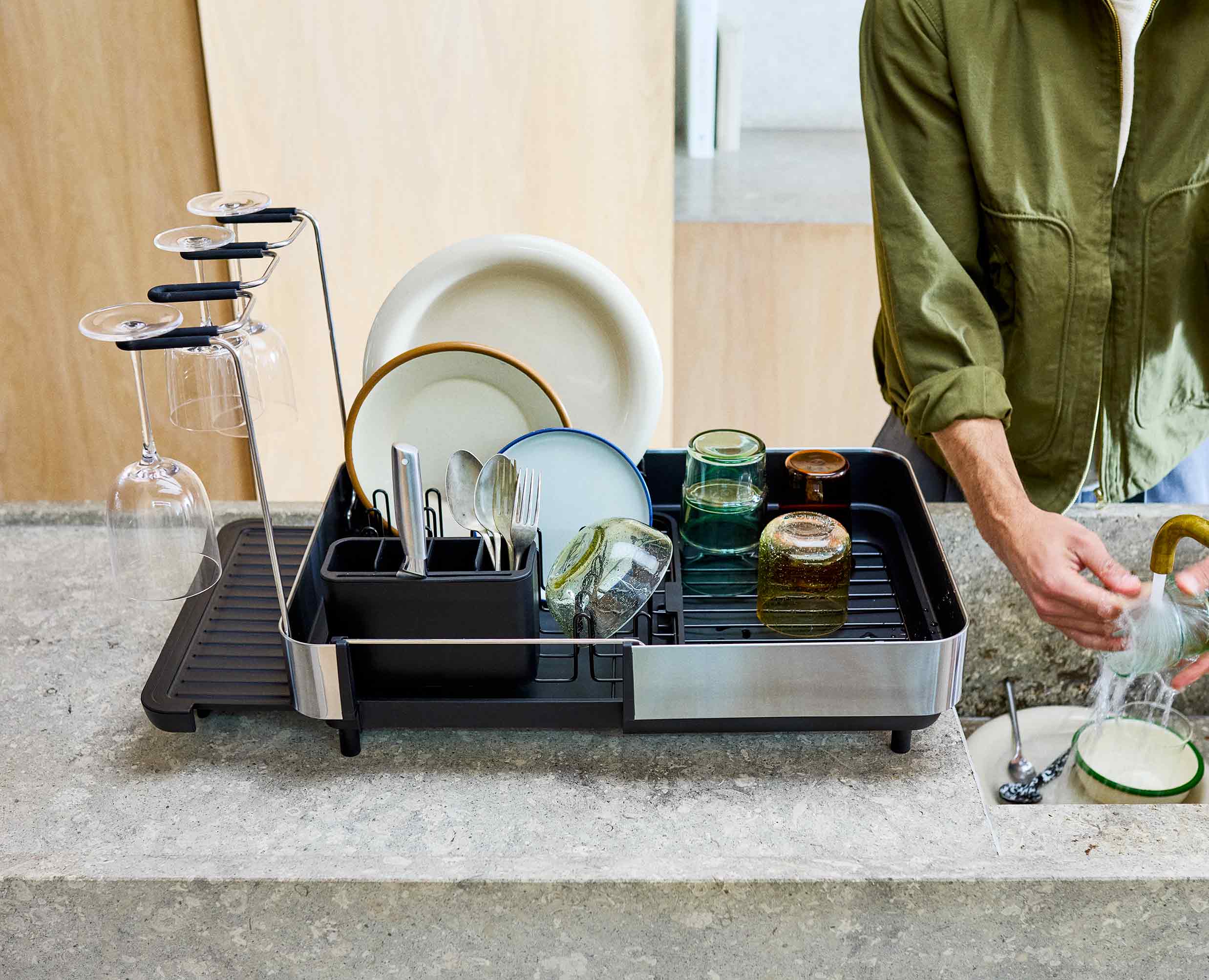 Extend Steel Plus Expandable Black Dish Drainer with Wine Glass Rack - Image 2