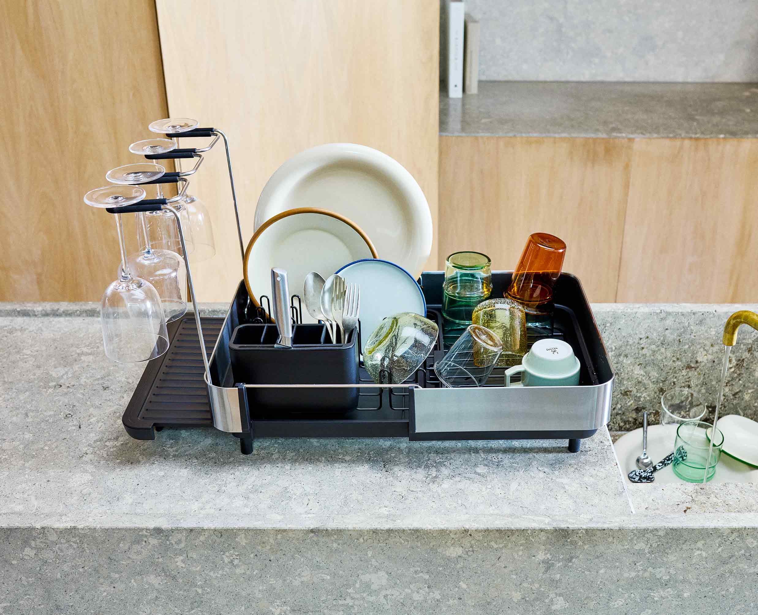 Extend Steel Plus Expandable Black Dish Drainer with Wine Glass Rack - Image 3